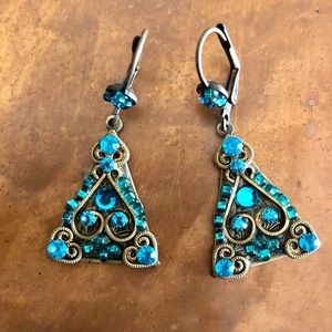 Teal Rhinestone Vintage Look Triangle Earrings